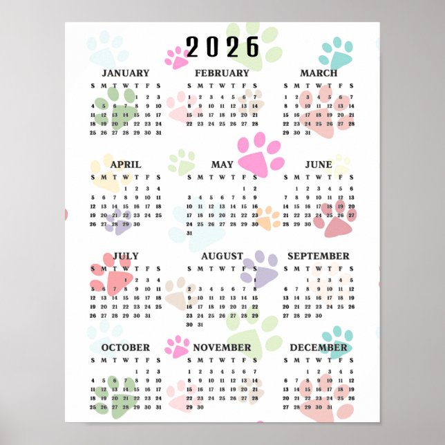 Colorful Paw Prints 2026 Wall Calendar (Front)