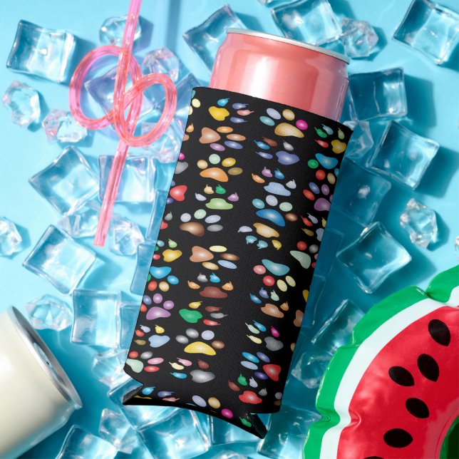 Colorful paw prints black seltzer can cooler (In Situ Summer)