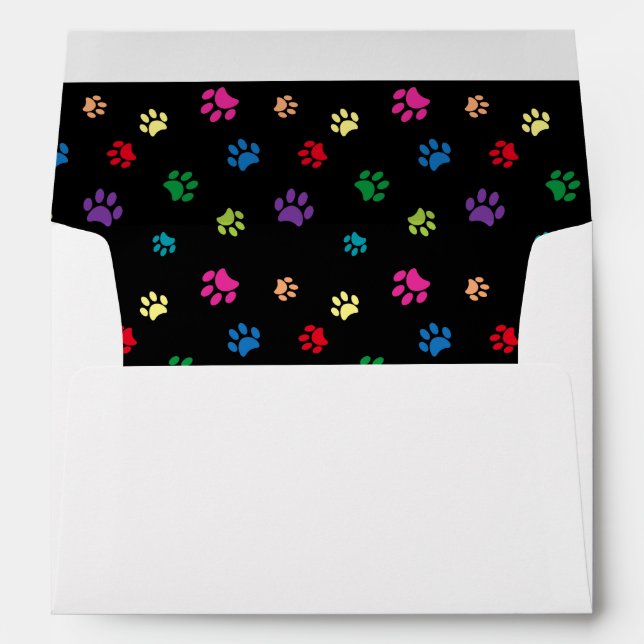 Colorful Paw Prints Black with Name and Address Envelope (Back (Bottom))