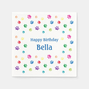 Colorful Paw Prints Blue Custom Pet Birthday Napkins