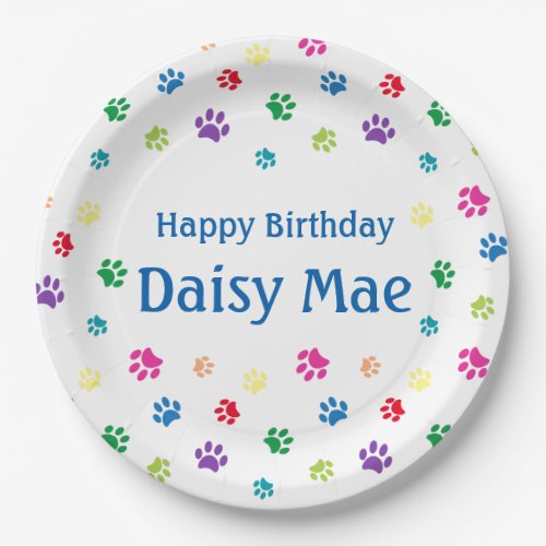 Colorful Paw Prints Blue Custom Pet Birthday Party Paper Plates