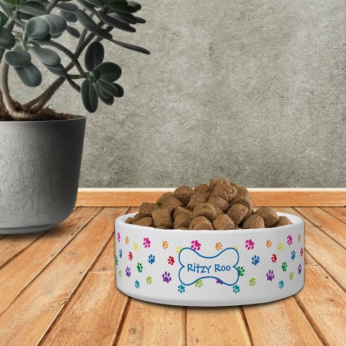 Colorful Paw Prints Dogs Name in Bone Bowl