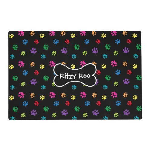 Colorful Paw Prints Dogs Name in Bone on Black Placemat