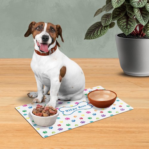 Colorful Paw Prints Dogs Name in Bone Placemat