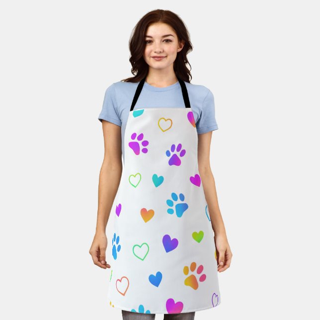 Colorful Paw Prints & Hearts Apron (Worn)