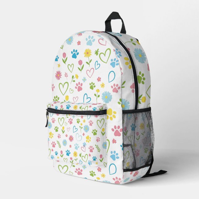 Colorful Paw Prints & Hearts Backpack Cute Floral (Back Corner Right)