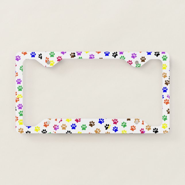 Colorful Paw Prints License Plate Frame (Front)