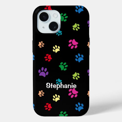 Colorful Paw Prints on Black iPhone 15 Case