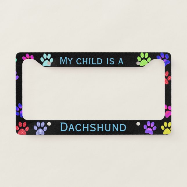 Colorful Paw Prints on Black License Plate Frame (Front)