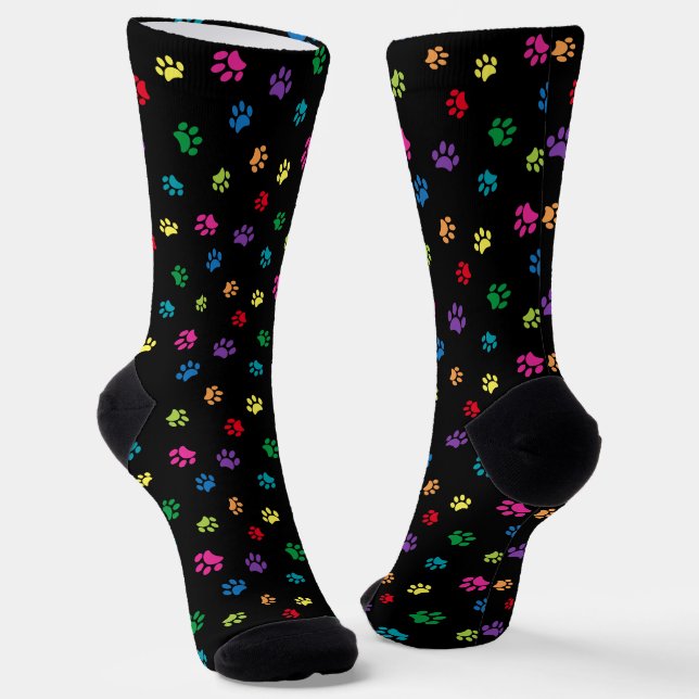Colorful Paw Prints Pattern Black Socks (Angled)
