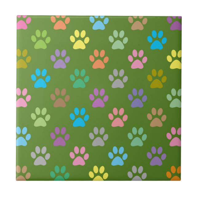 Colorful paw prints pattern ceramic tile (Front)