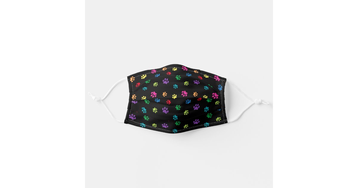 Colorful Paw Prints Pattern on Black Adult Cloth Face Mask | Zazzle