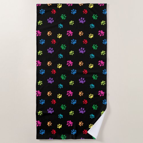 Colorful Paw Prints Pattern on Black Beach Towel