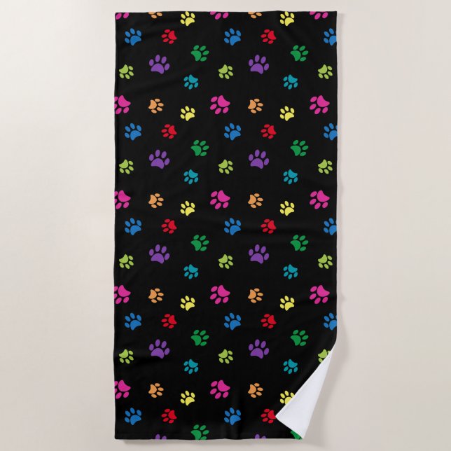Colorful Paw Prints Pattern on Black Beach Towel (Front)