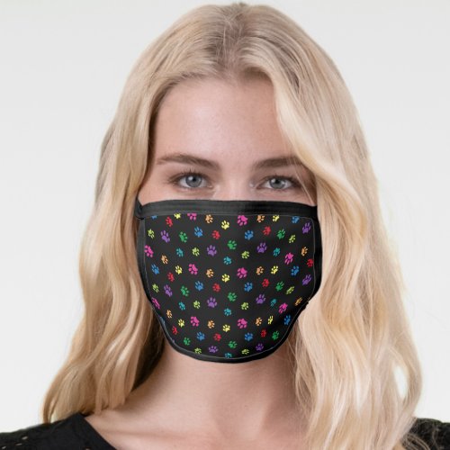 Colorful Paw Prints Pattern on Black Face Mask