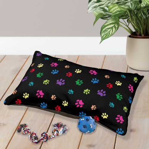 Colorful Paw Prints Pattern on Black Pet Bed