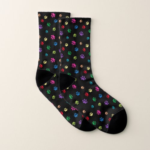 Colorful Paw Prints Pattern on Black Socks