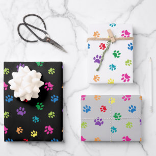Colorful Paw Prints Pattern on Black White Grey Wrapping Paper Sheets