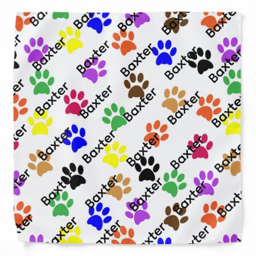 Colorful Paw Prints Pattern Pet Dog Name Bandana