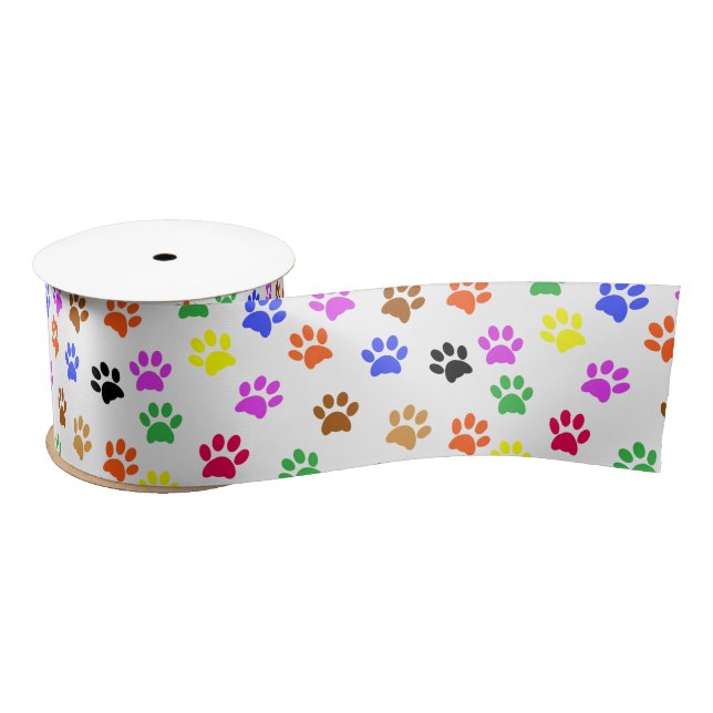 Colorful Paw Prints Pattern Satin Ribbon (Spool)