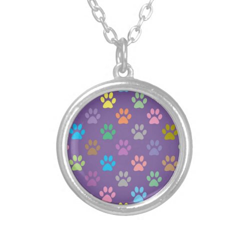 Colorful paw prints pattern silver plated necklace