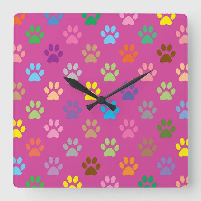 Colorful paw prints pattern  square wall clock (Front)