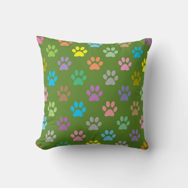 Colorful paw prints pattern throw pillow (Front)