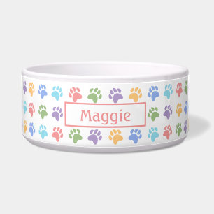 Colorful Paw Prints Pattern With Custom Pet Name Bowl