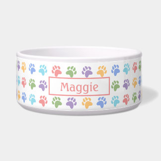 Colorful Paw Prints Pattern With Custom Pet Name Bowl