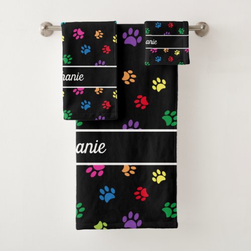 Colorful Paw Prints Personalized Bath Towel Set