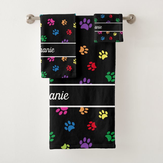 Colorful Paw Prints Personalized Bath Towel Set (Insitu)