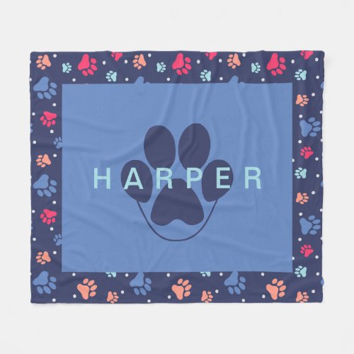 Colorful Paw Prints Personalized Navy Blue Pet Fleece Blanket