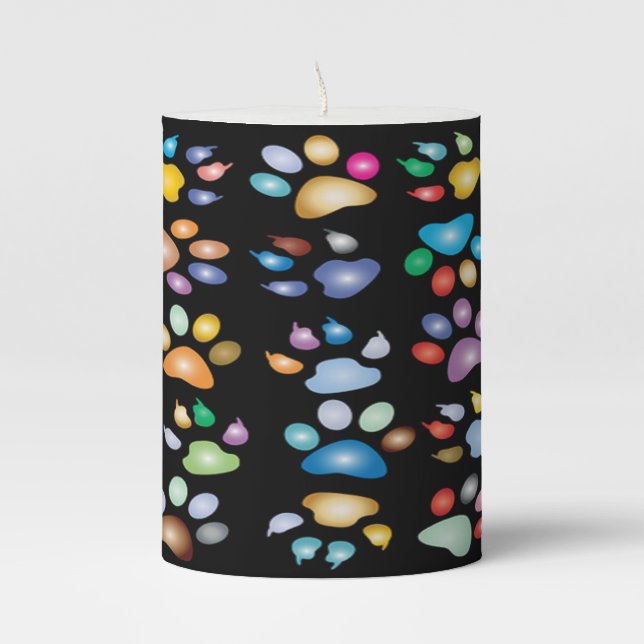 Colorful paw prints pillar candle (Front)