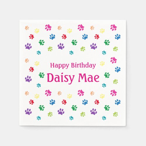 Colorful Paw Prints Pink Custom Pet Birthday Napkins