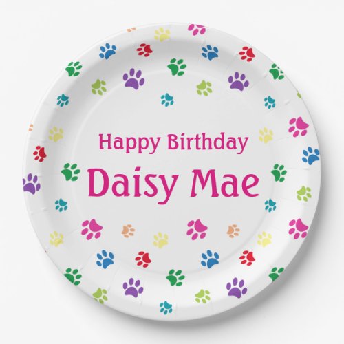 Colorful Paw Prints Pink Custom Pet Birthday Party Paper Plates