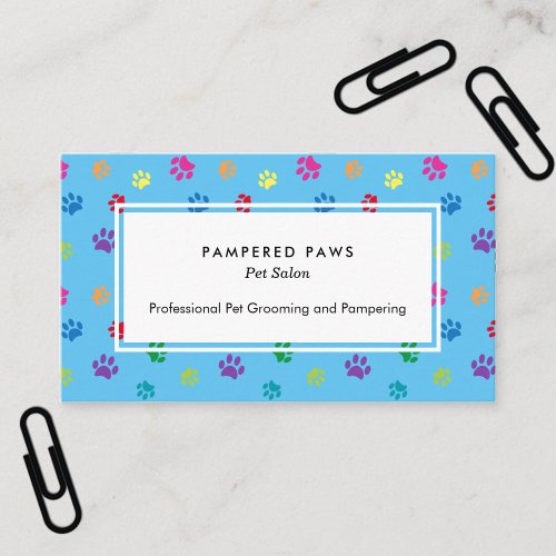 Colorful Paw Prints Professional Pet Salon Blue Business Card