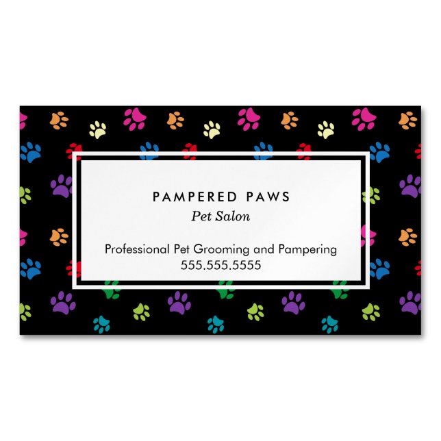 Colorful Paw Prints Professional Pet Salon Business Card Magnet (Front)