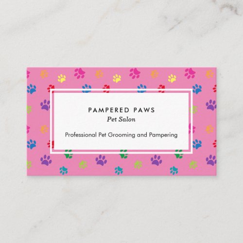 Colorful Paw Prints Professional Pet Salon Pink Business Card