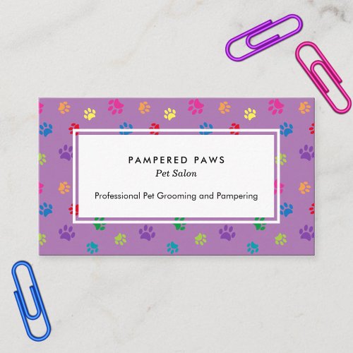 Colorful Paw Prints Professional Pet Salon Purple Business Card