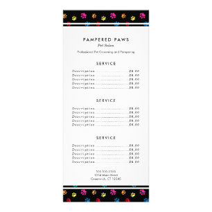 Colorful Paw Prints Professional Pet Salon Service Rack Card