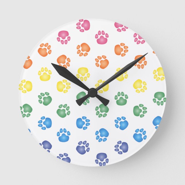 Colorful Paw prints Round Clock (Front)