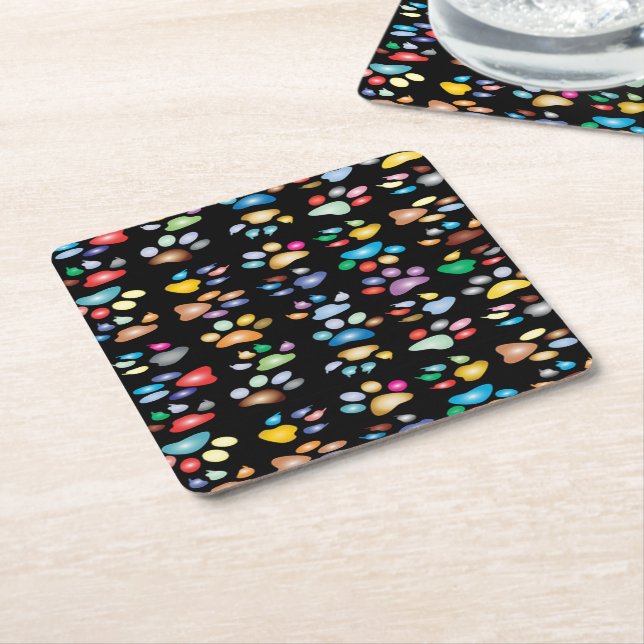 Colorful paw prints square paper coaster (Angled)