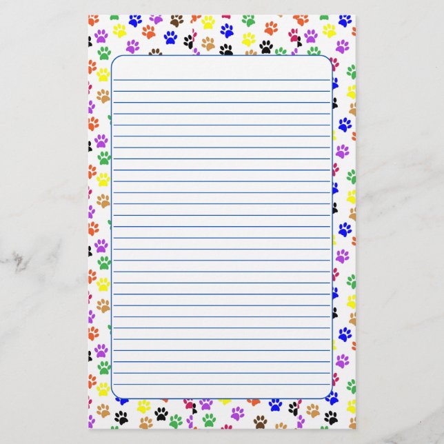 Colorful Paw Prints with Dog and Cat Lined  Stationery (Front)