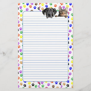 Colorful Paw Prints with Dog and Cat Lined Stationery