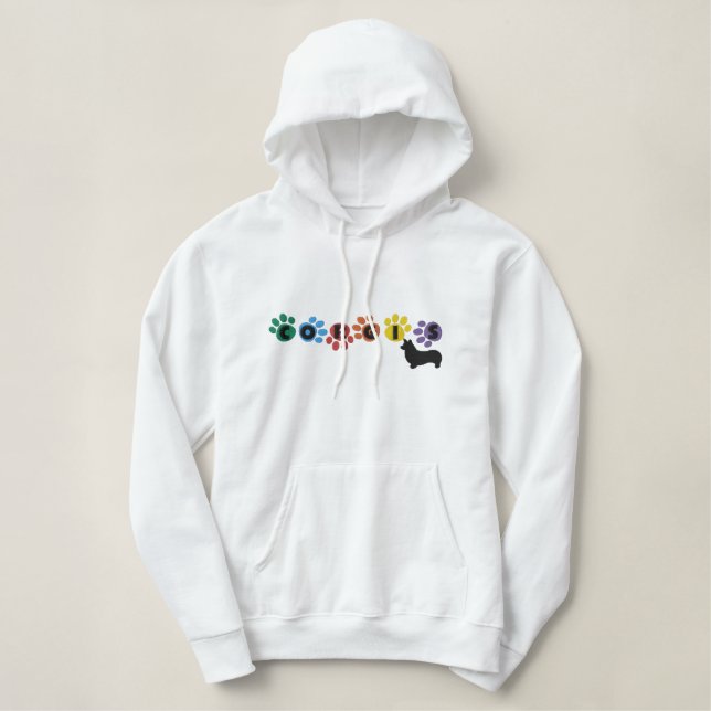 Colorful Pawprints Corgi Embroidered Hoodie (Design Front)