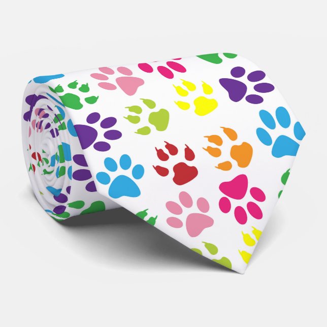 Colorful Paws, Dog Paws, Cat Paws Neck Tie (Rolled)