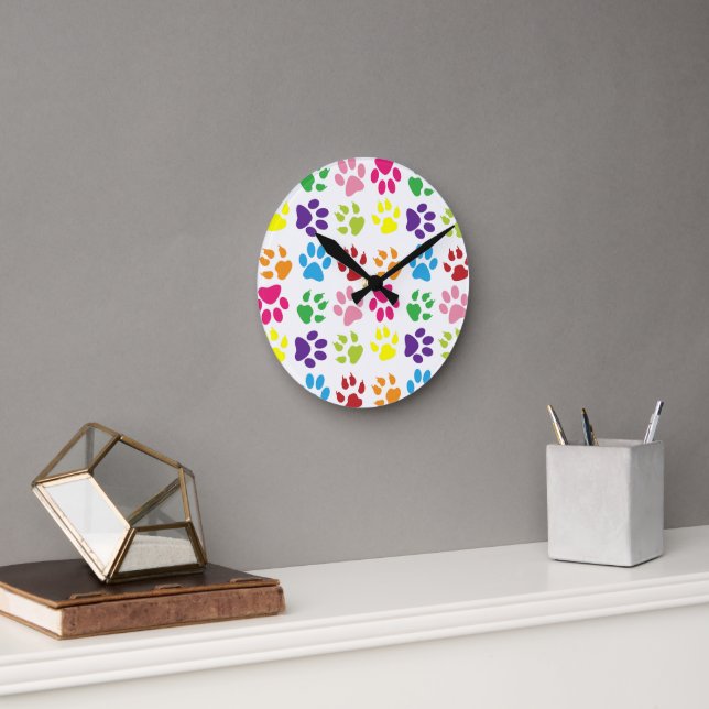 Colorful Paws, Dog Paws, Cat Paws Round Clock (Office)