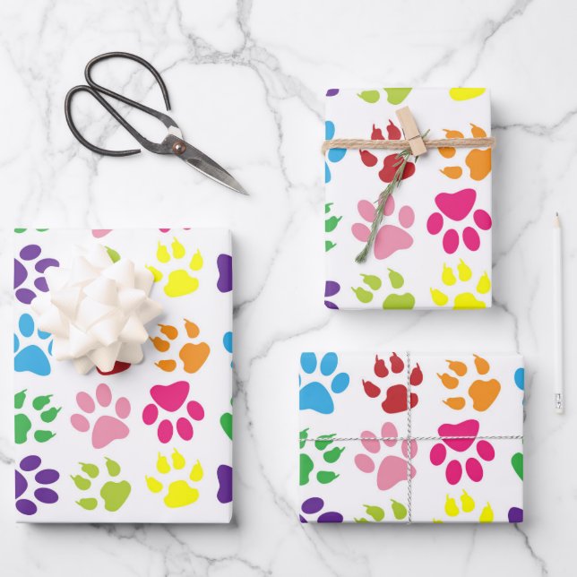 Colorful Paws, Dog Paws, Cat Paws Wrapping Paper Sheets (Front)