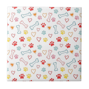 Colorful Paws, Hearts & Bones Doodle Ceramic Tile