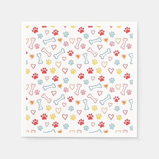 Colorful Paws, Hearts & Bones Doodle Paper Napkins (Front)